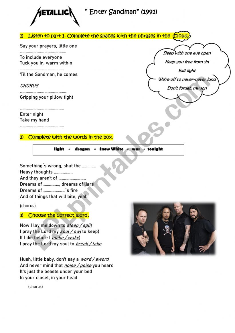 Enter Sandman song worksheet worksheet