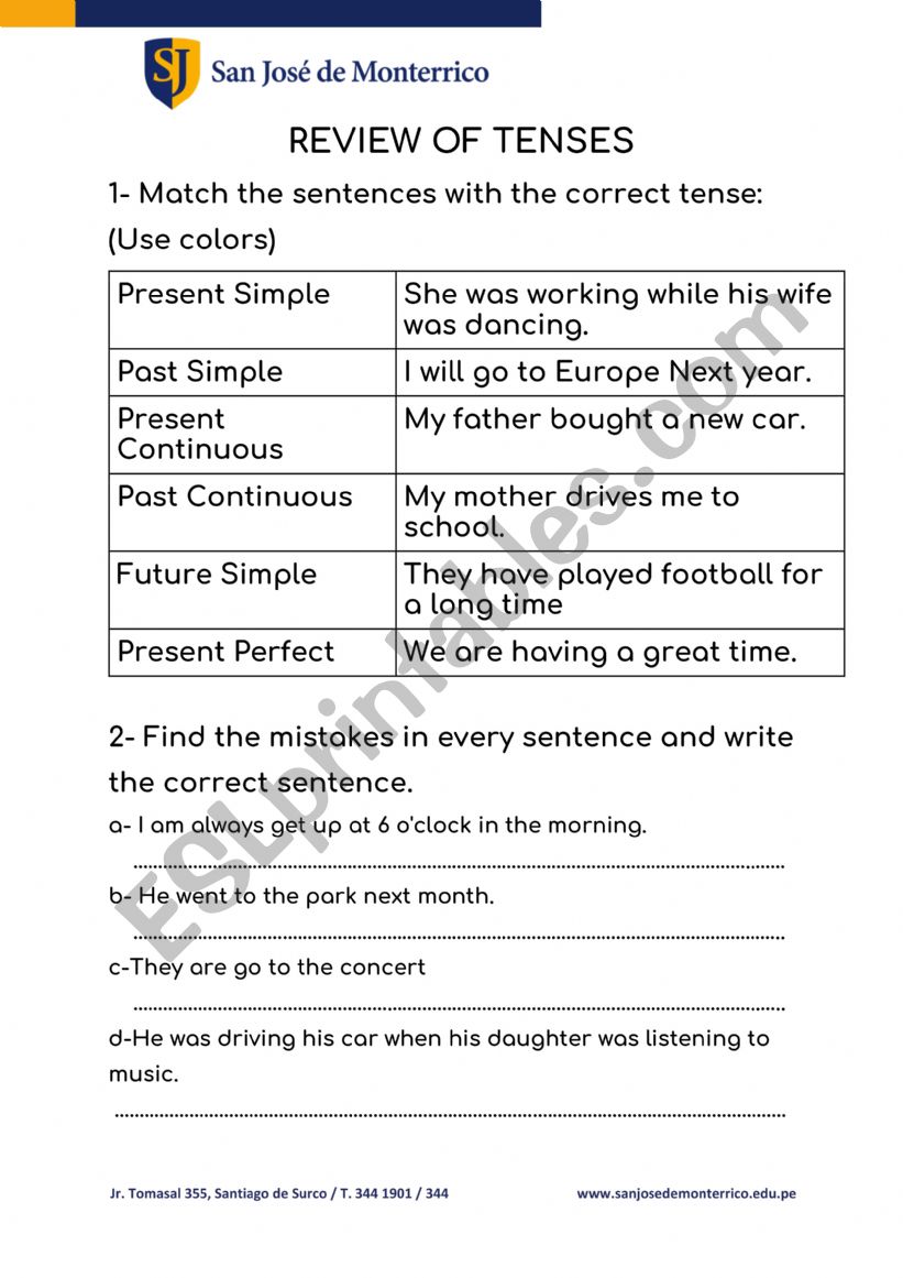 REVIEW OF TENSES worksheet