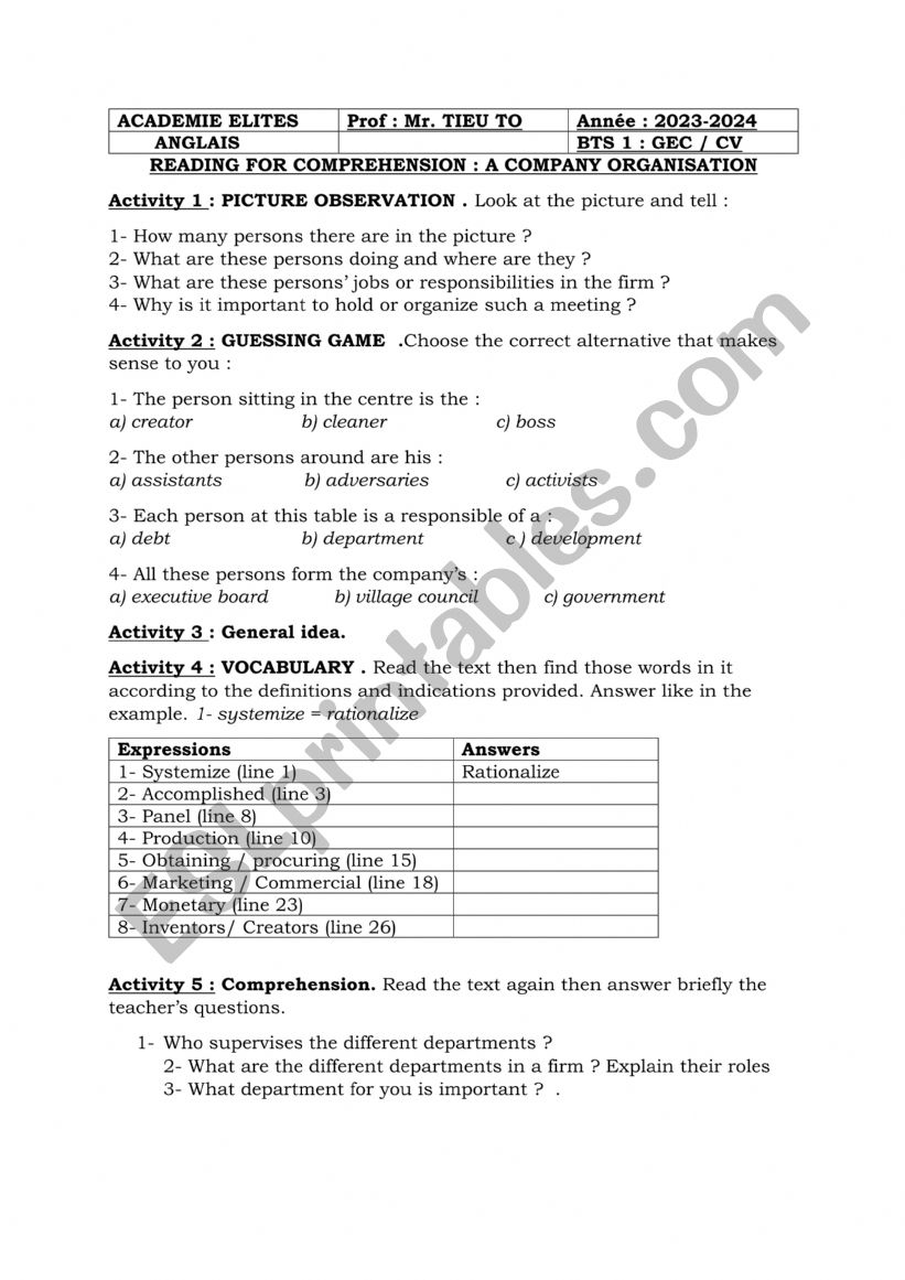 company organisation worksheet