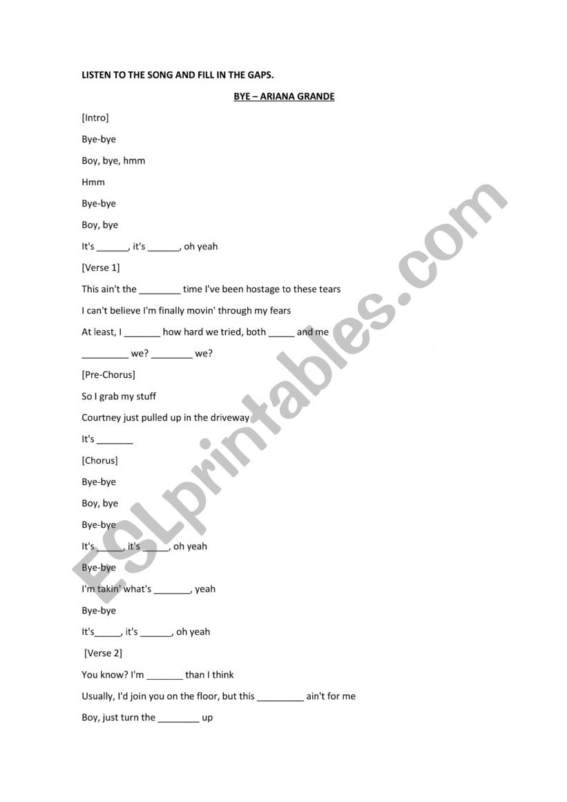 Bye - Ariana Grande song worksheet