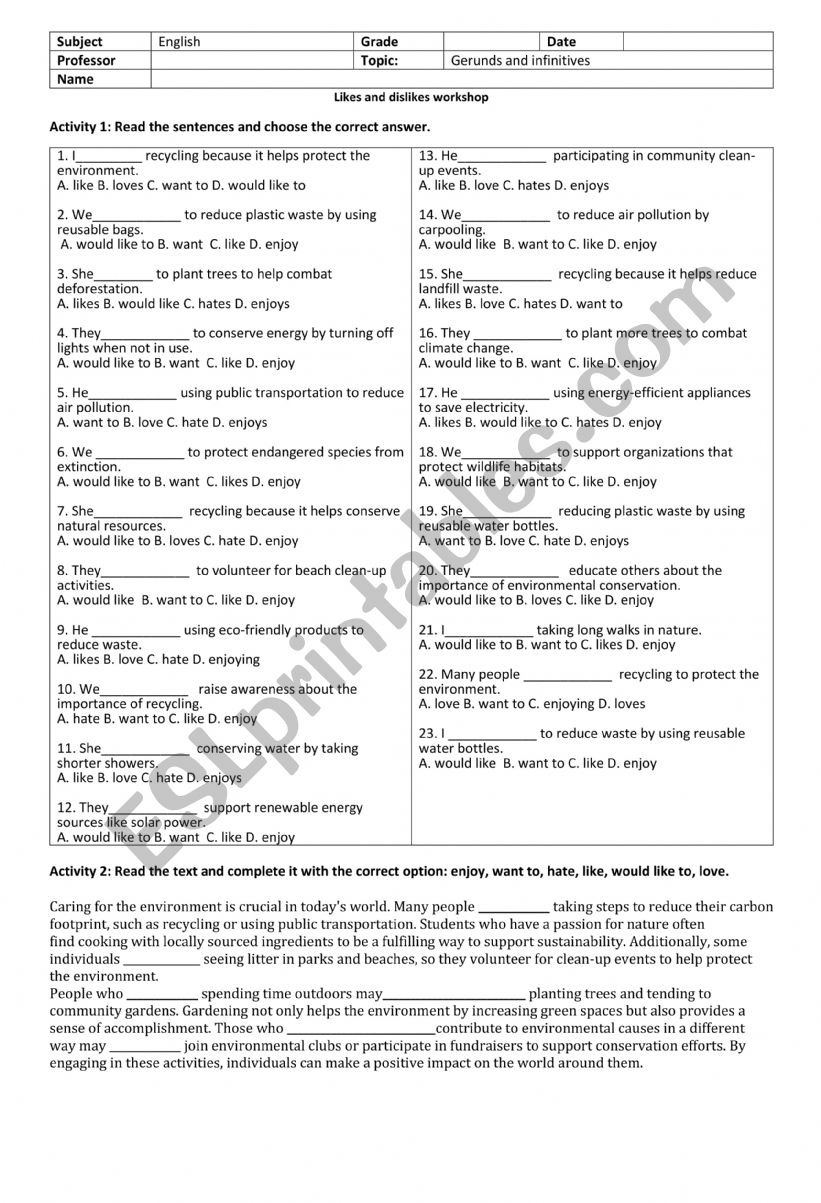 Gerunds and infinitives exercises