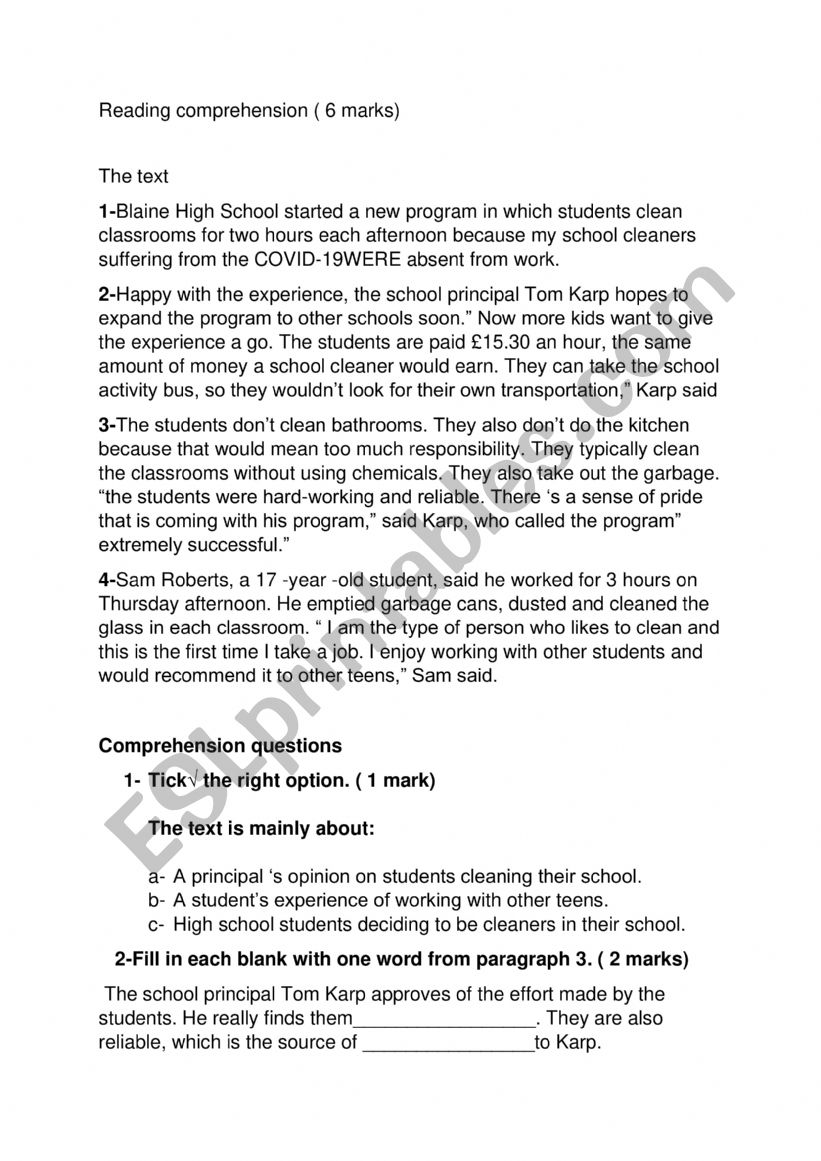 End of test N2 worksheet