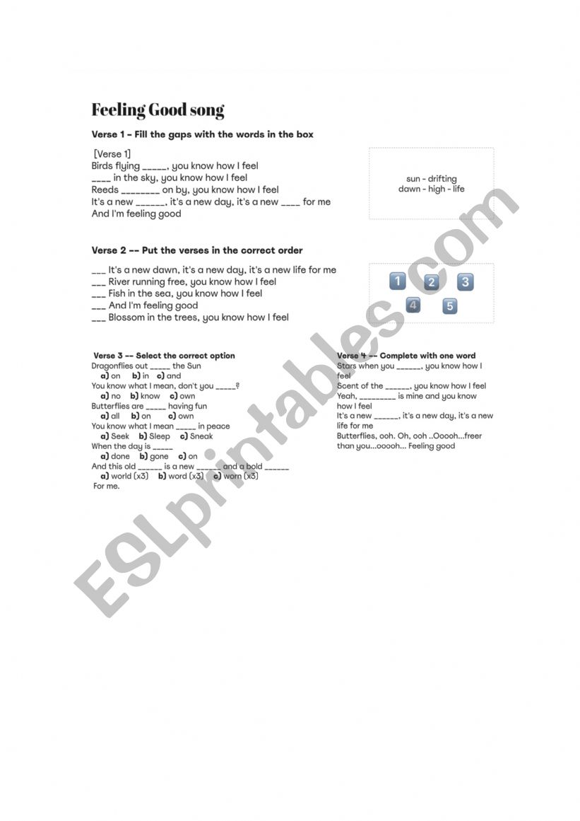 Song Feeling Good worksheet