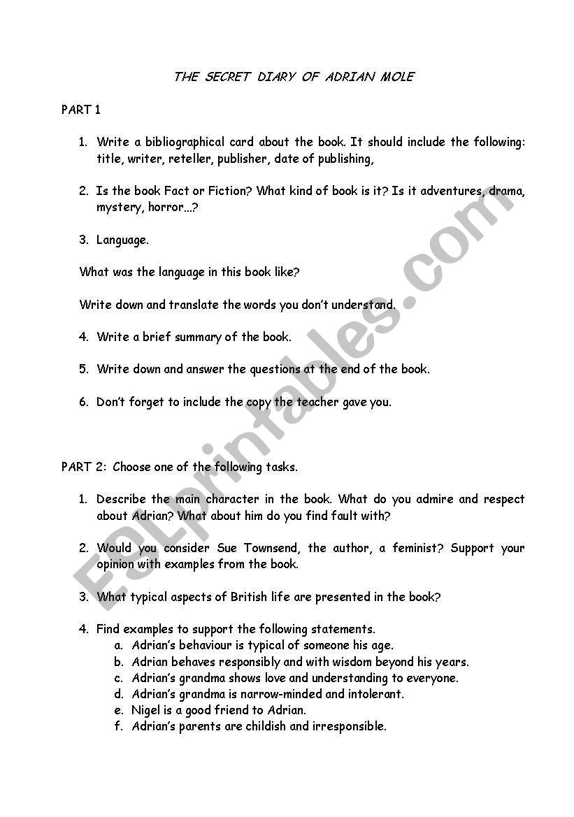 Adrian Mole worksheet