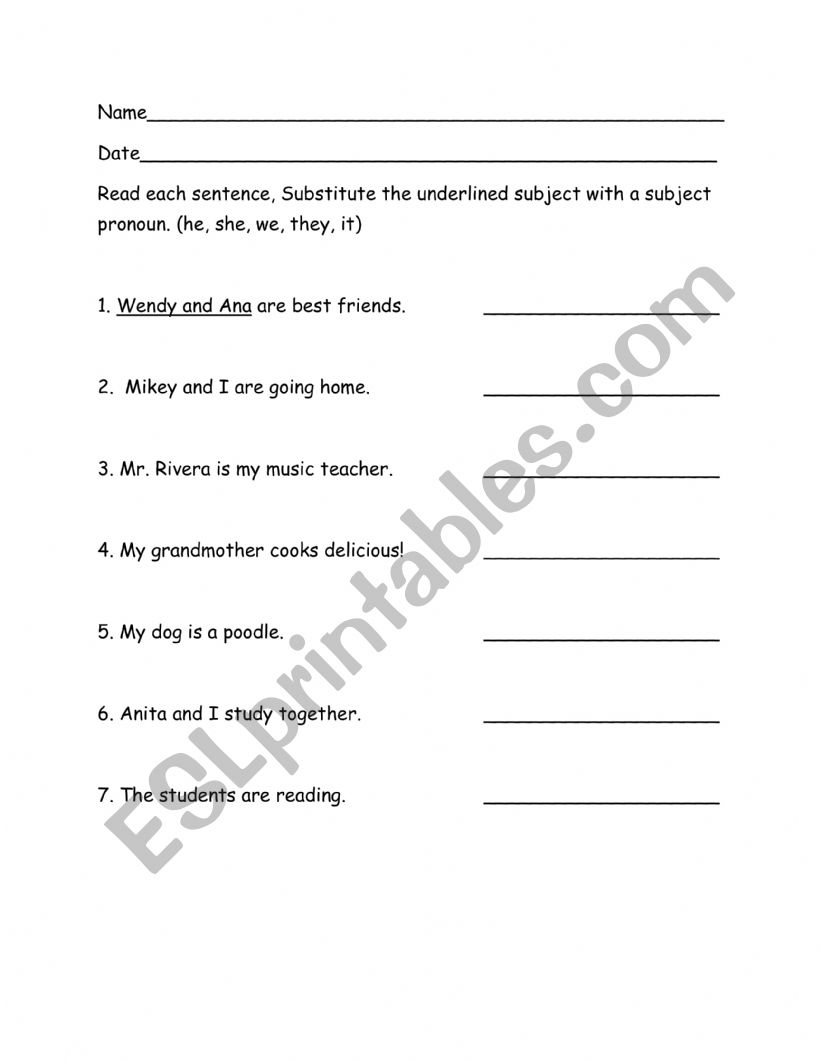 Subject pronoun substitution activity