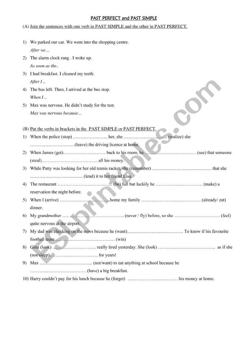 PAST PERFECT AND PAST SIMPLE worksheet