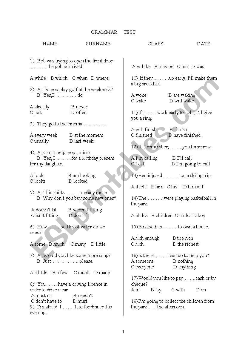 grammar test worksheet