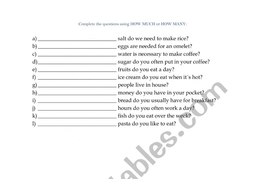 How much how many worksheet