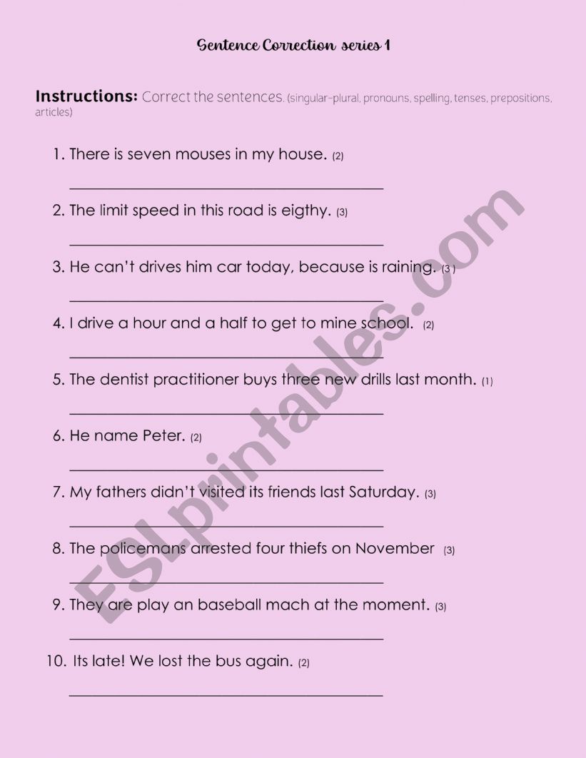 Sentences Correction Series 1 worksheet