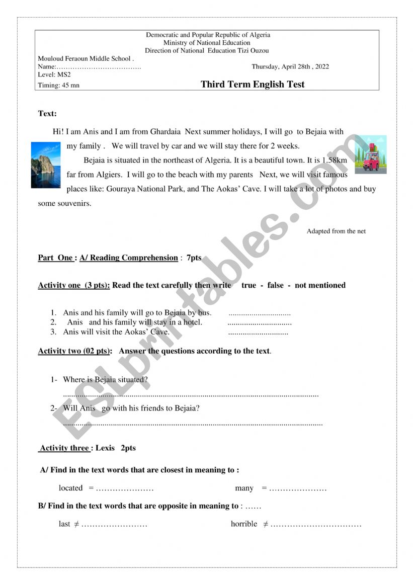 2 MS Third Term Test worksheet