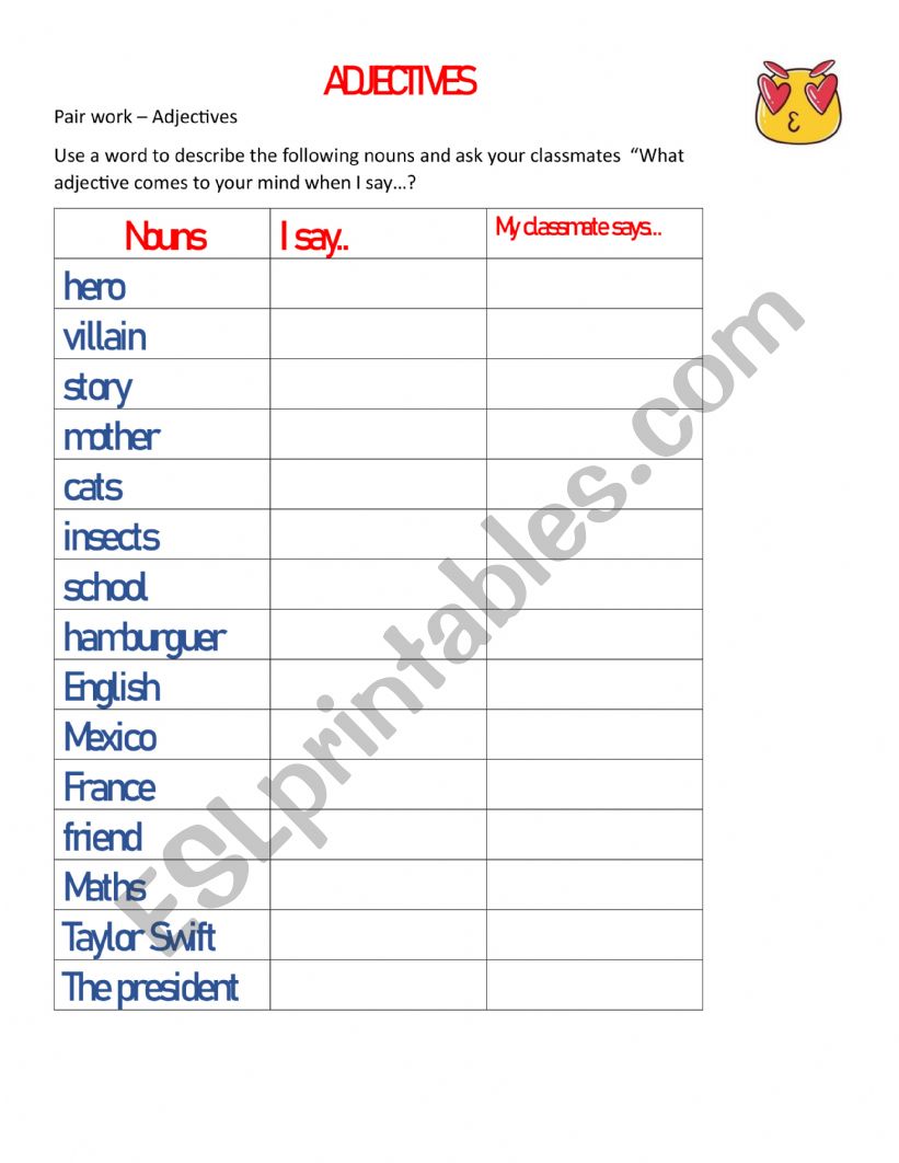 Pair Work: Use adjectives worksheet