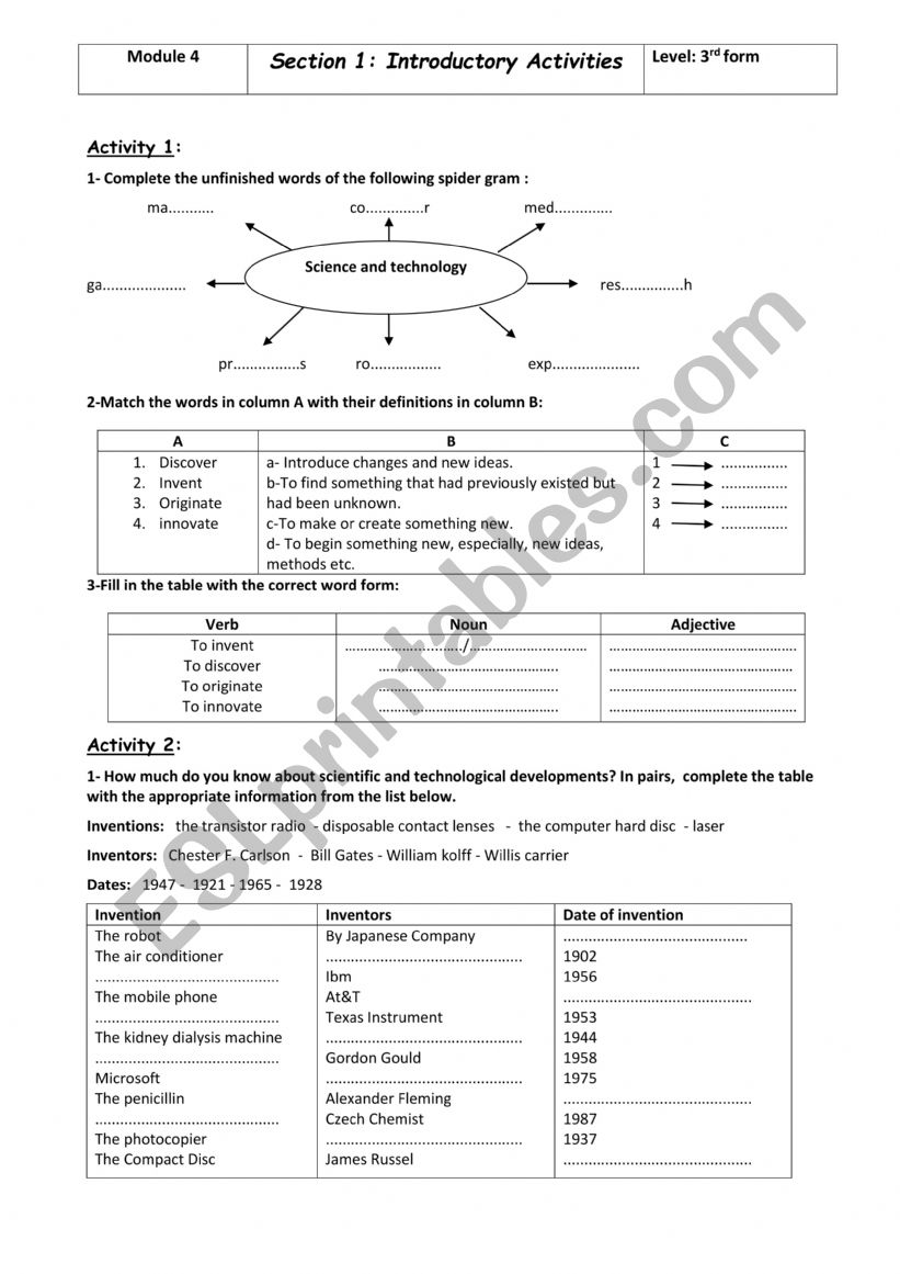science and technolology worksheet