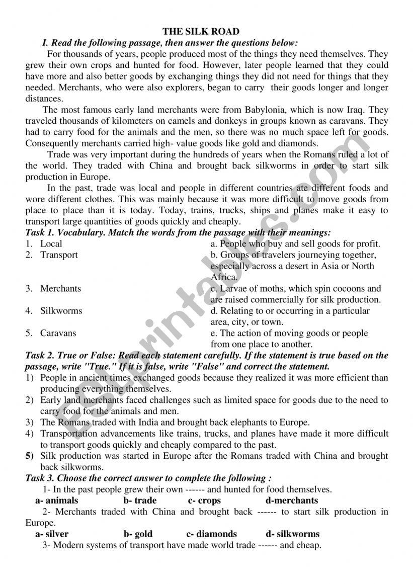 The silk road  worksheet