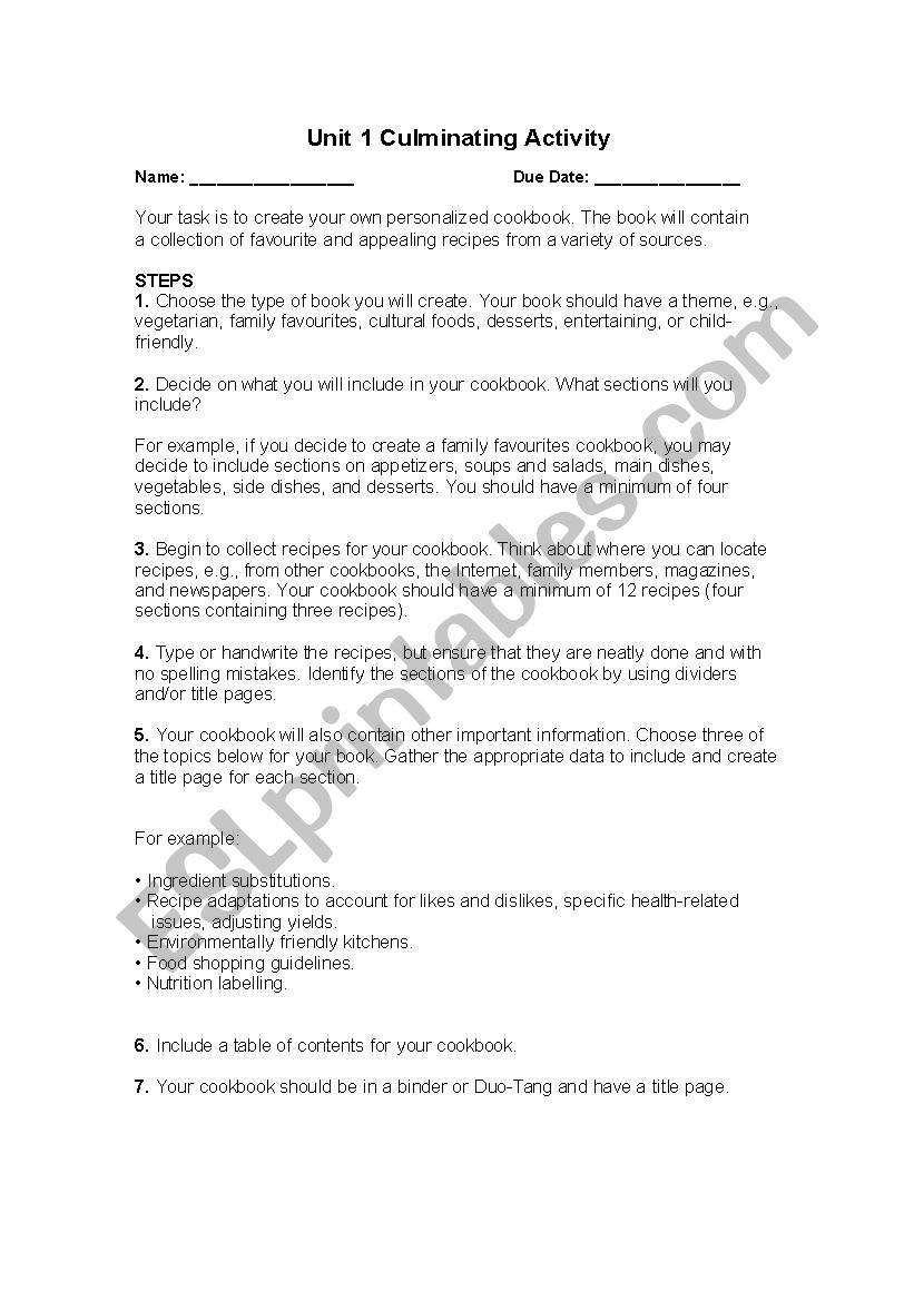 Cookbook Assignment worksheet