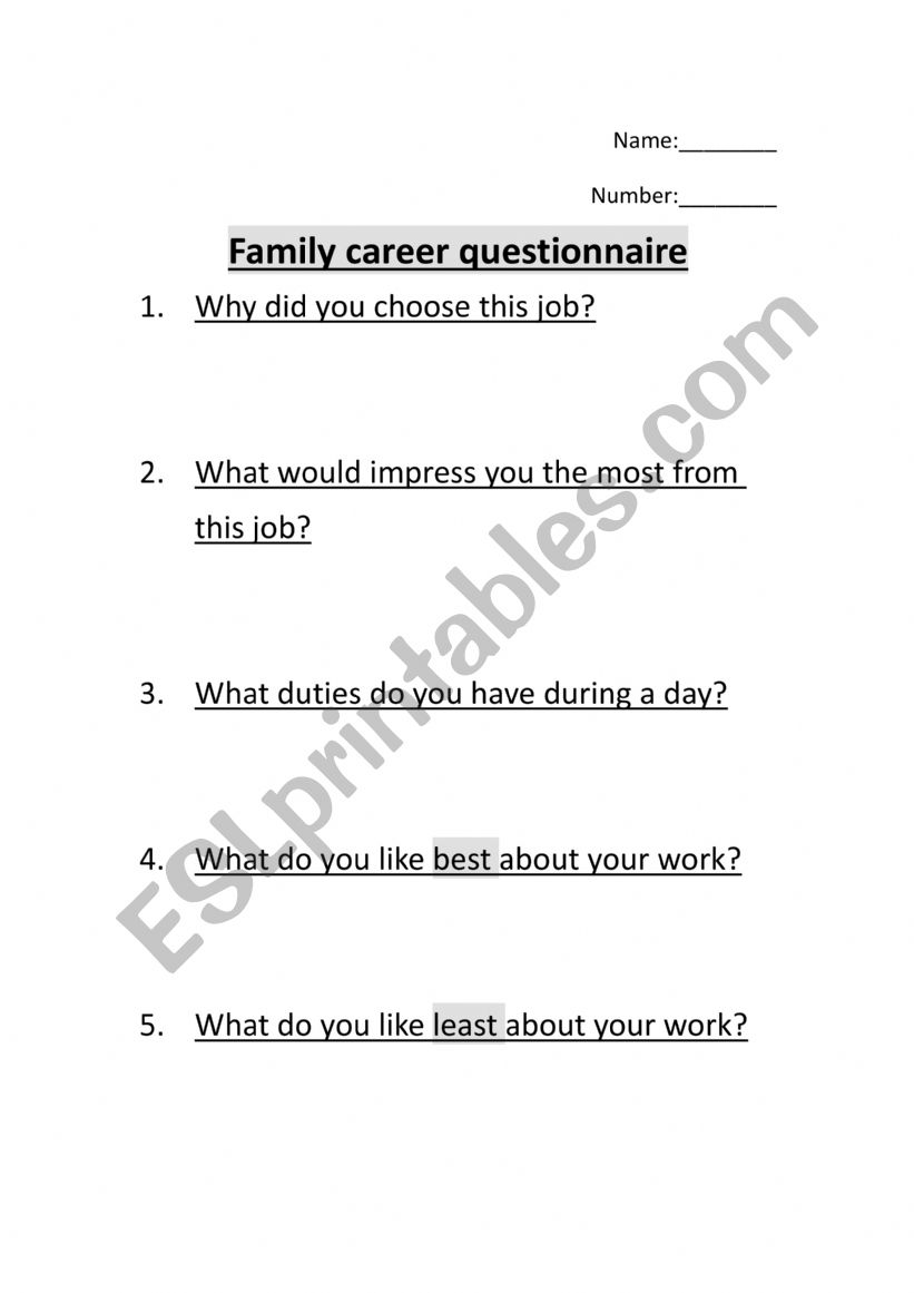 Family career question worksheet