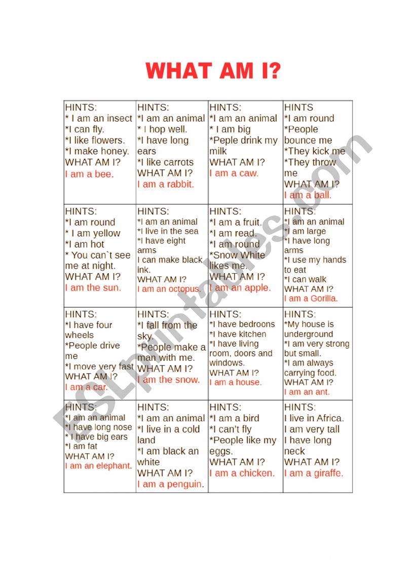 WHAT AM I? CARDS worksheet