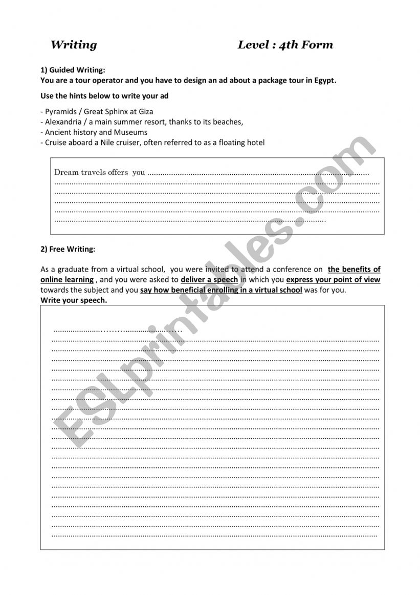 Writing Tasks: 4th form worksheet