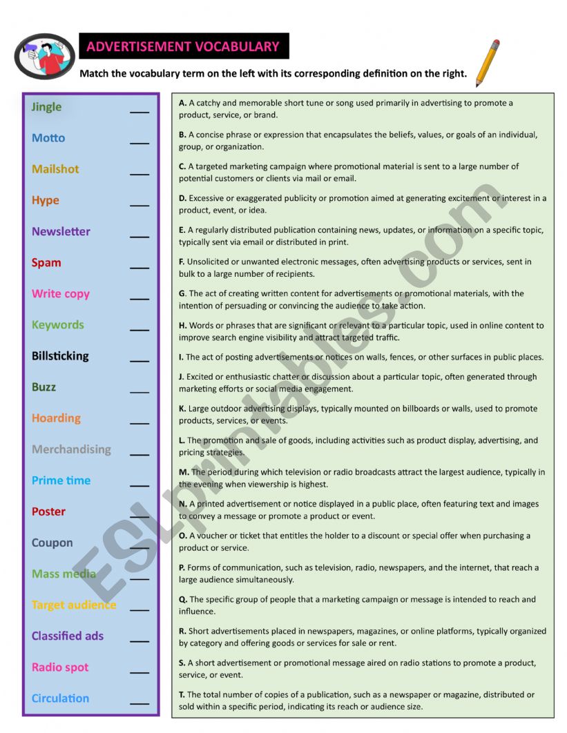 Advertisement vocabulary worksheet