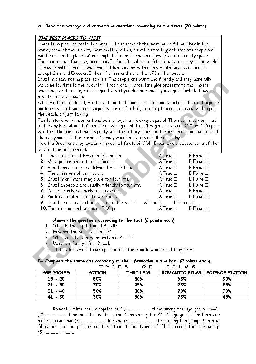 examination worksheet