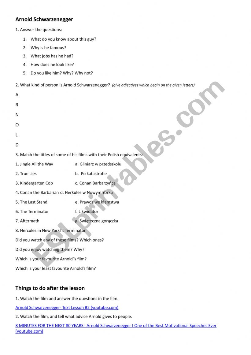 Arnold Schwarzenegger worksheet