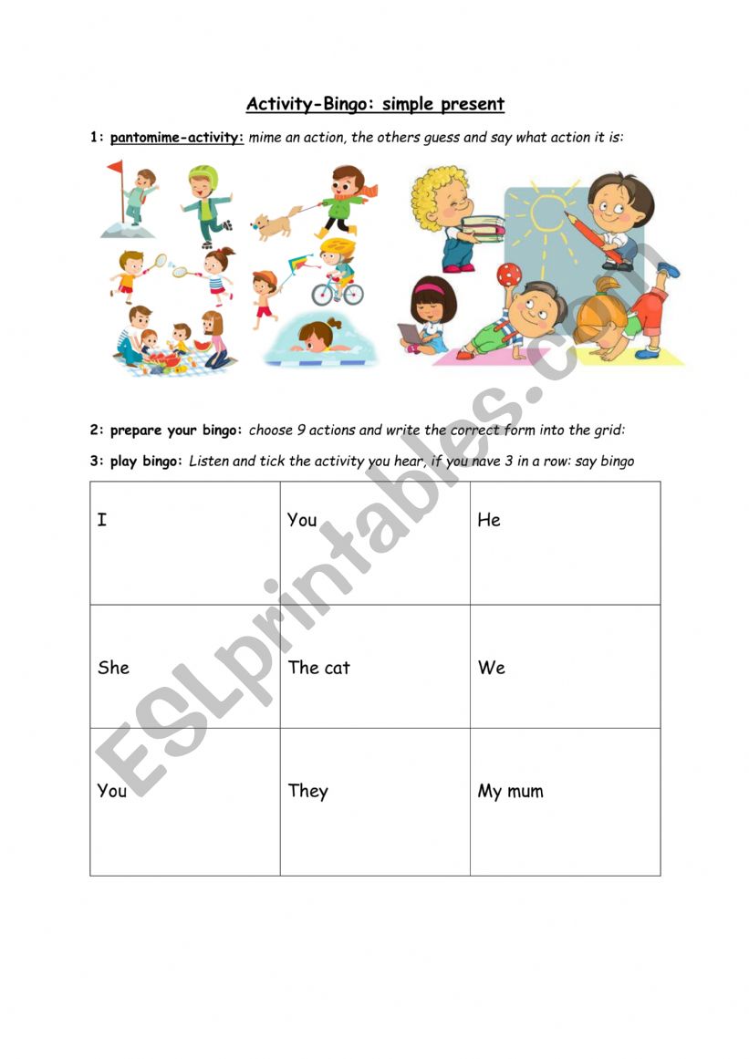 activity bingo worksheet