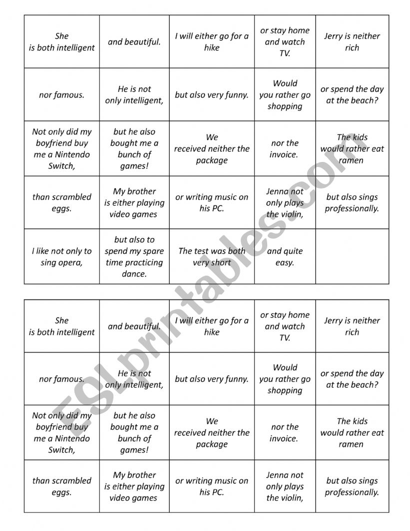 Correlative Conjunctions Matching Cards