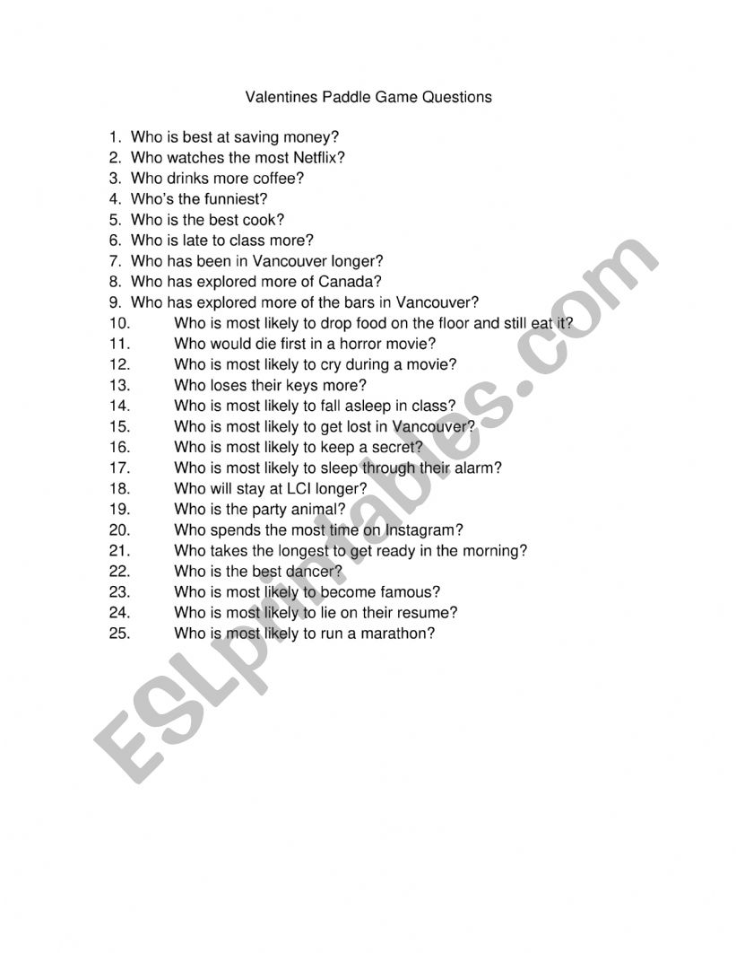 Mr and Mrs Paddle Game worksheet