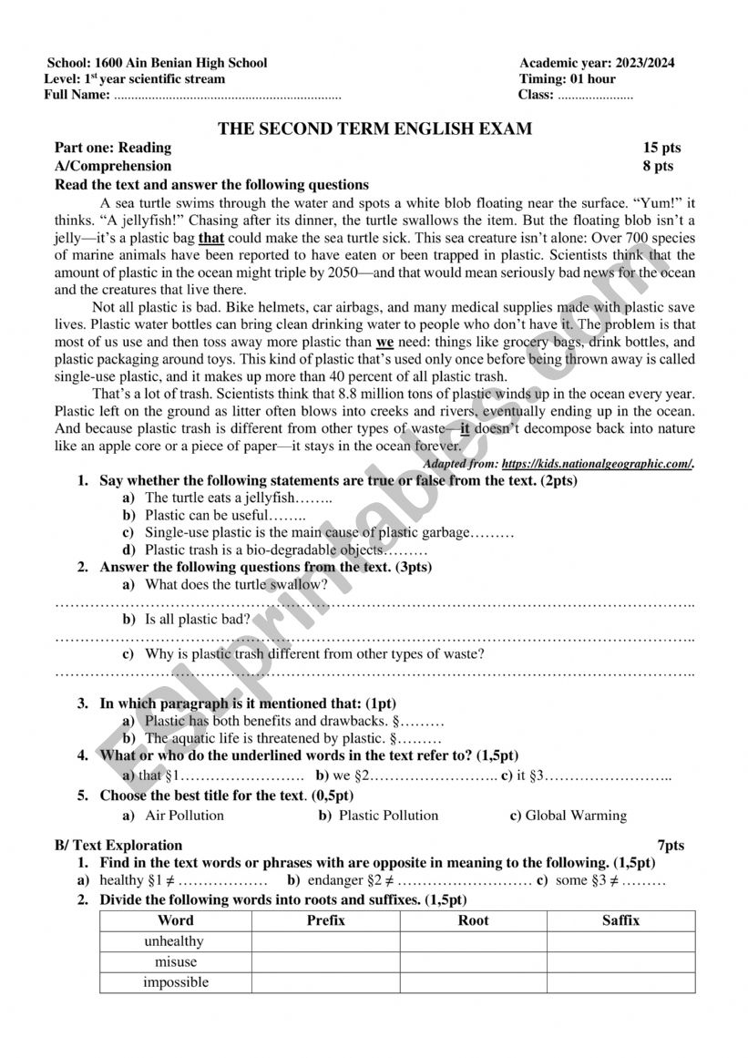 exam worksheet