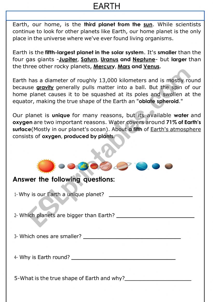 Our Home Planet! worksheet