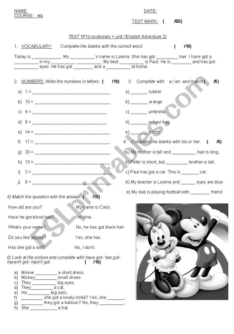 test for elementary worksheet