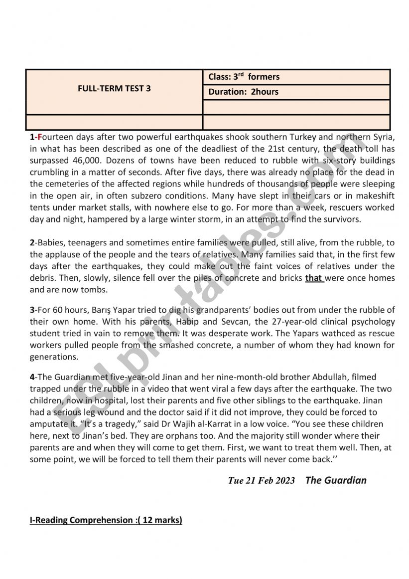 third form end term test three