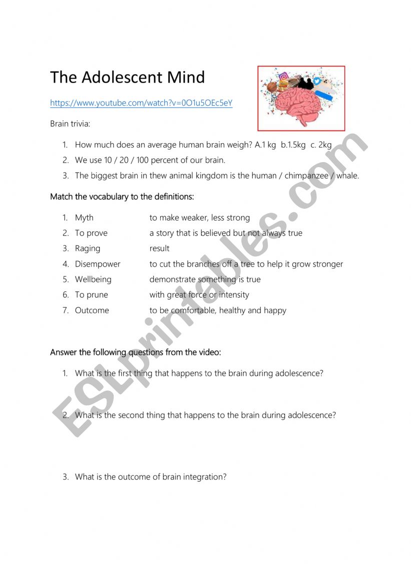 The Adolescent Mind worksheet