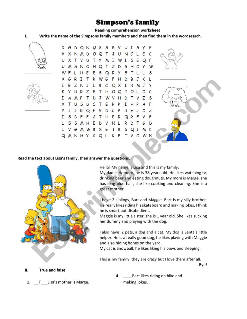 Simpsons family worksheet