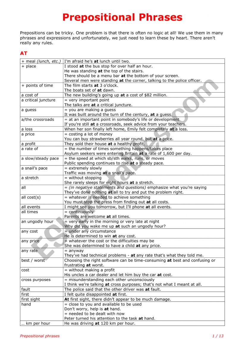 Prepositional Phrases worksheet