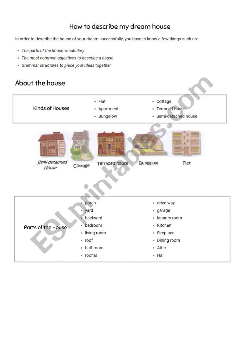 How to describe a dream house worksheet