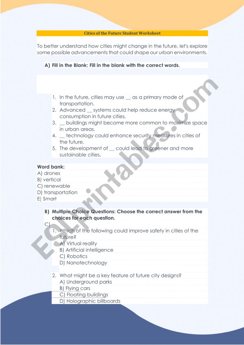 CITIES IN THE FUTURE worksheet