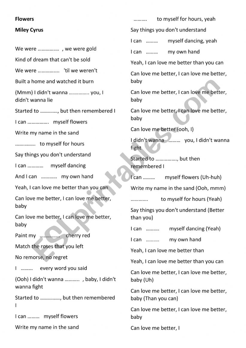 Miley Cyrus-Flowers worksheet