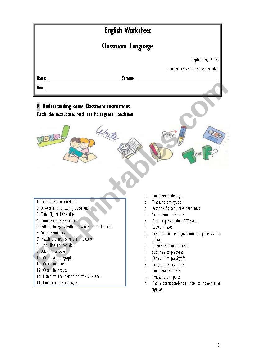 Classroom Language worksheet