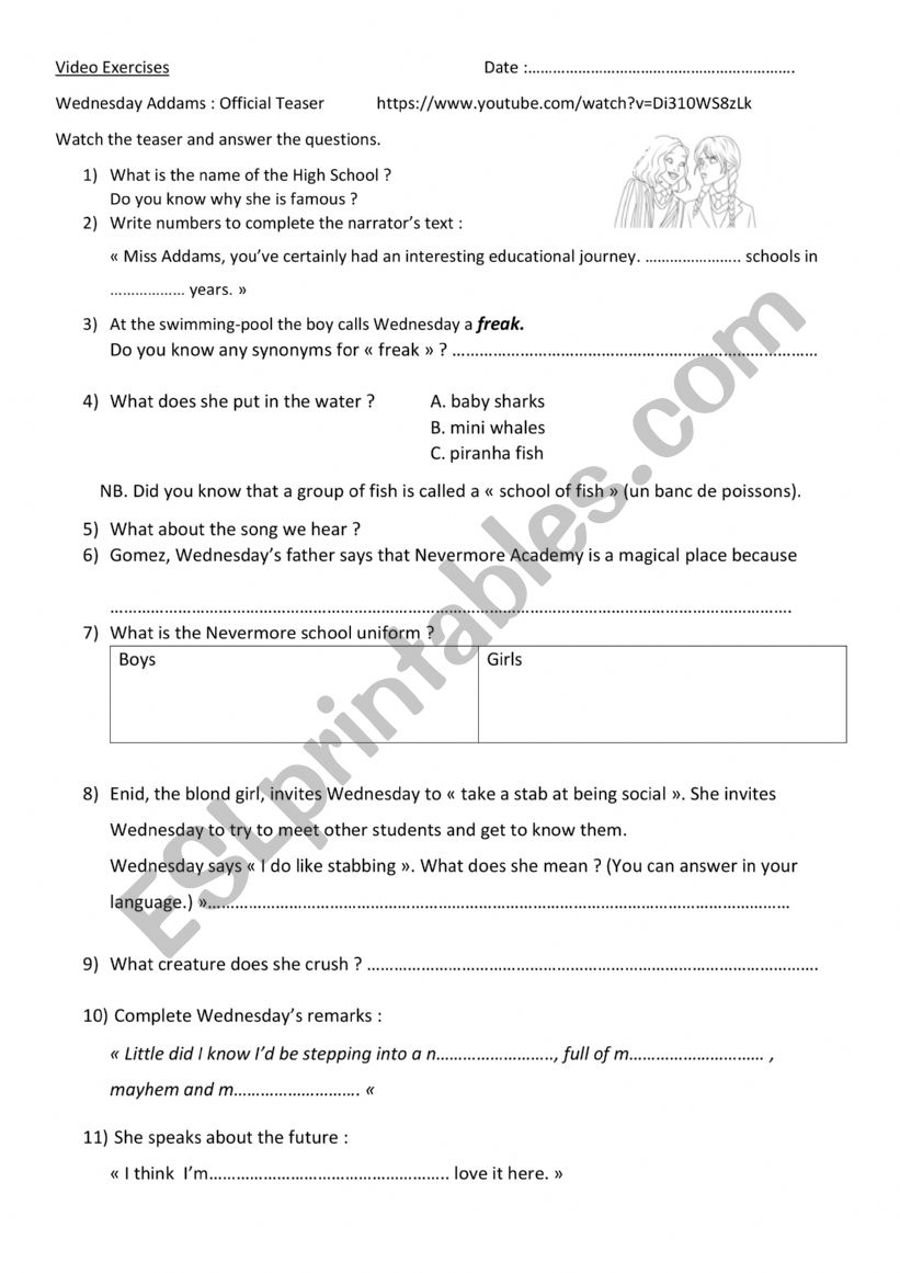 Wednesday Addams teaser worksheet