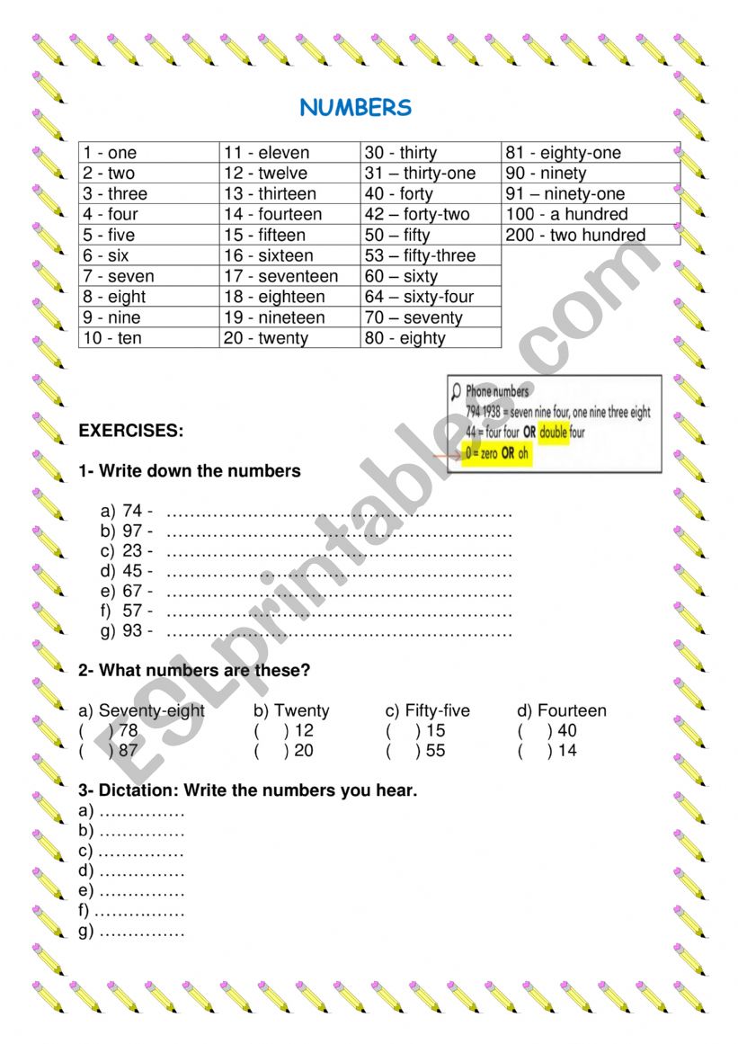 Numbers 1 to 100 worksheet