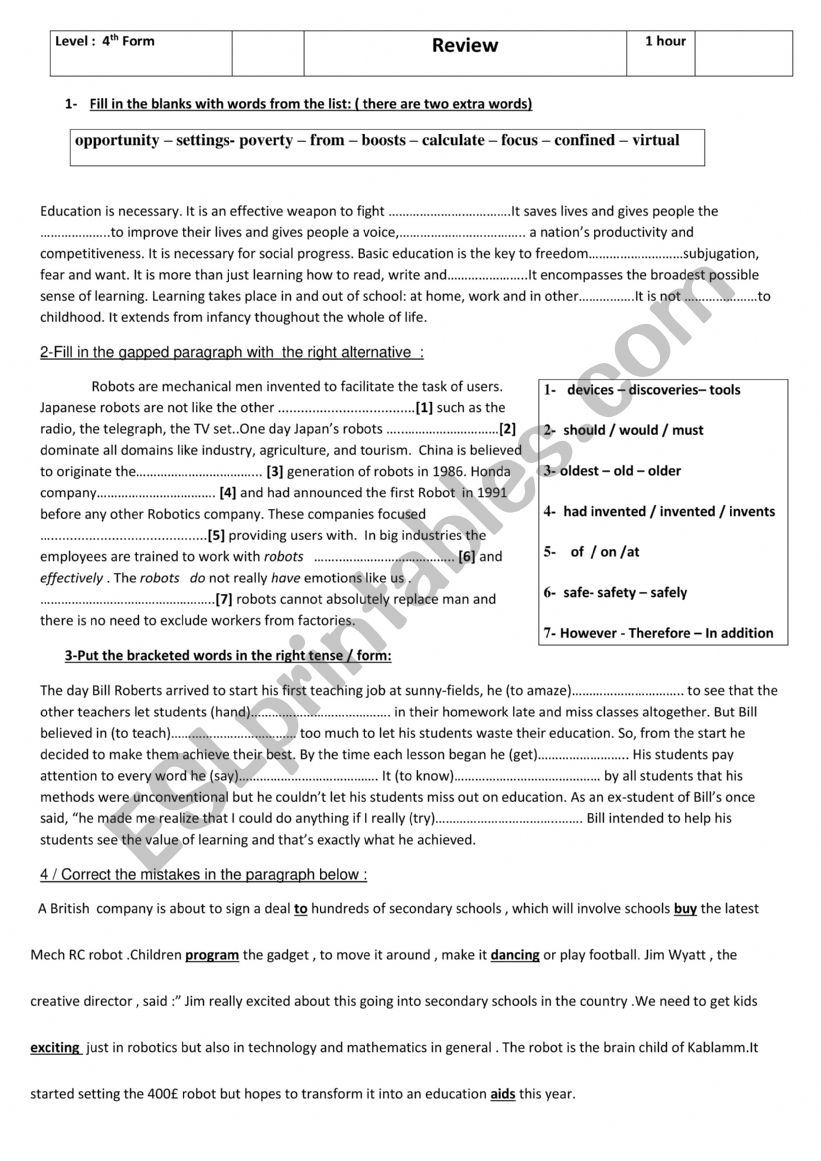 REVIEW 4th  FORM worksheet