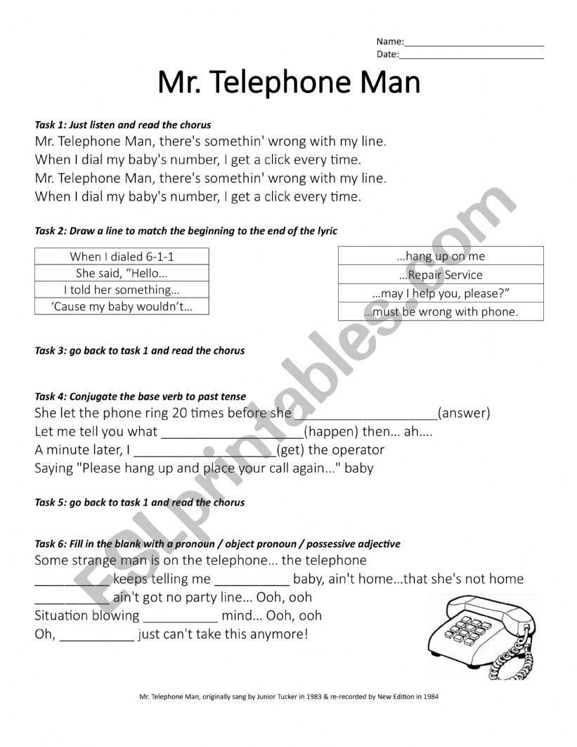 Mr. Telephone Man, New Edition, lyric worksheet