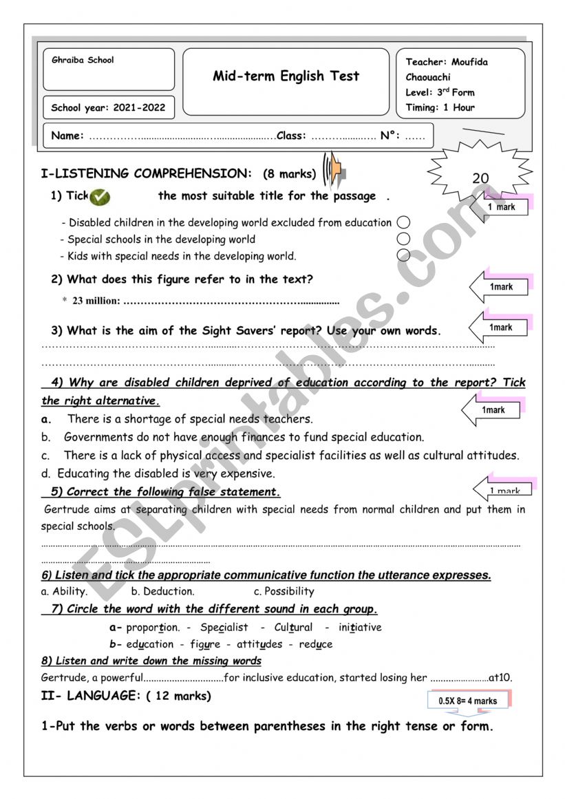 3form Mid -term3test worksheet