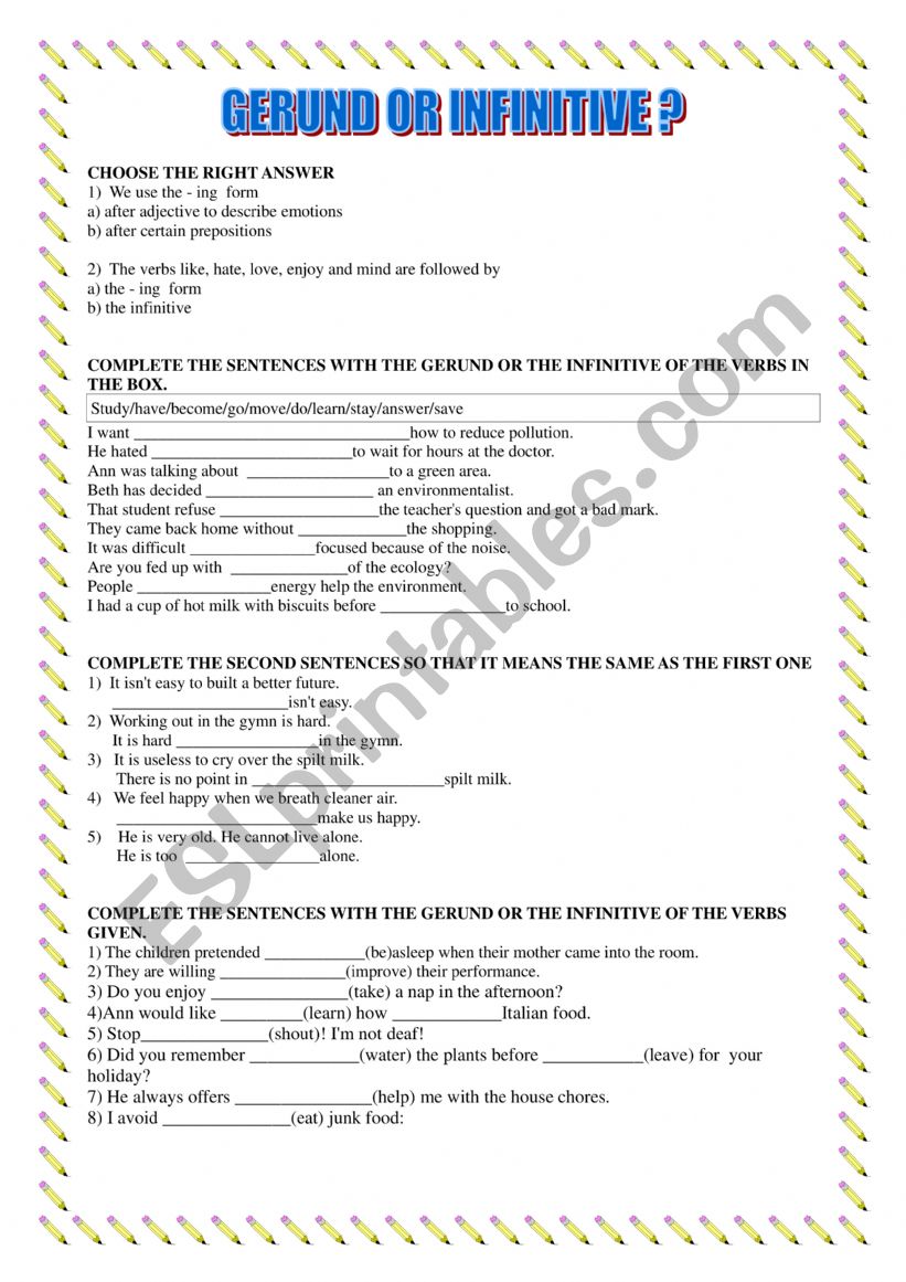 Gerund or infinitive worksheet