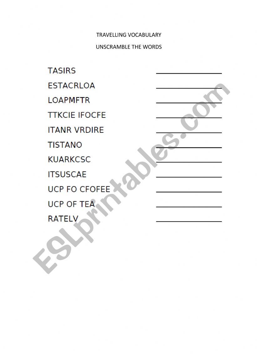 Travelling Vocabulary - Unscramble the words