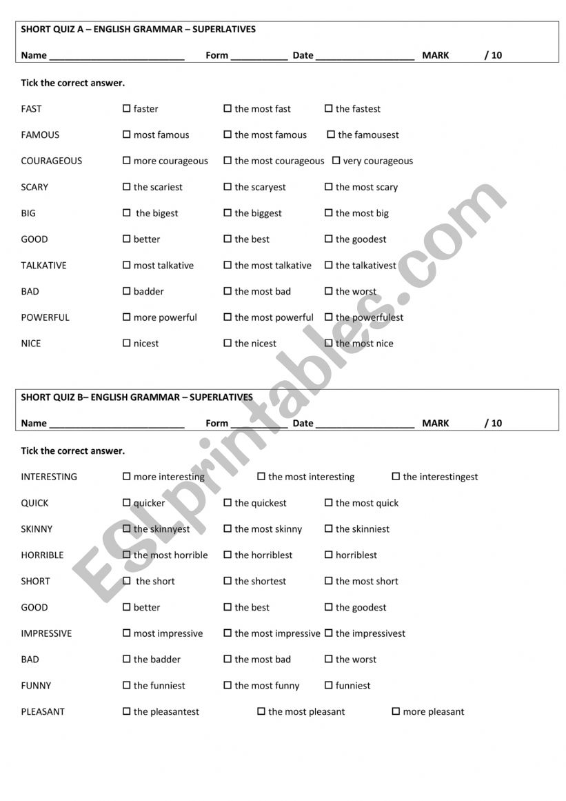 Superlative quiz worksheet