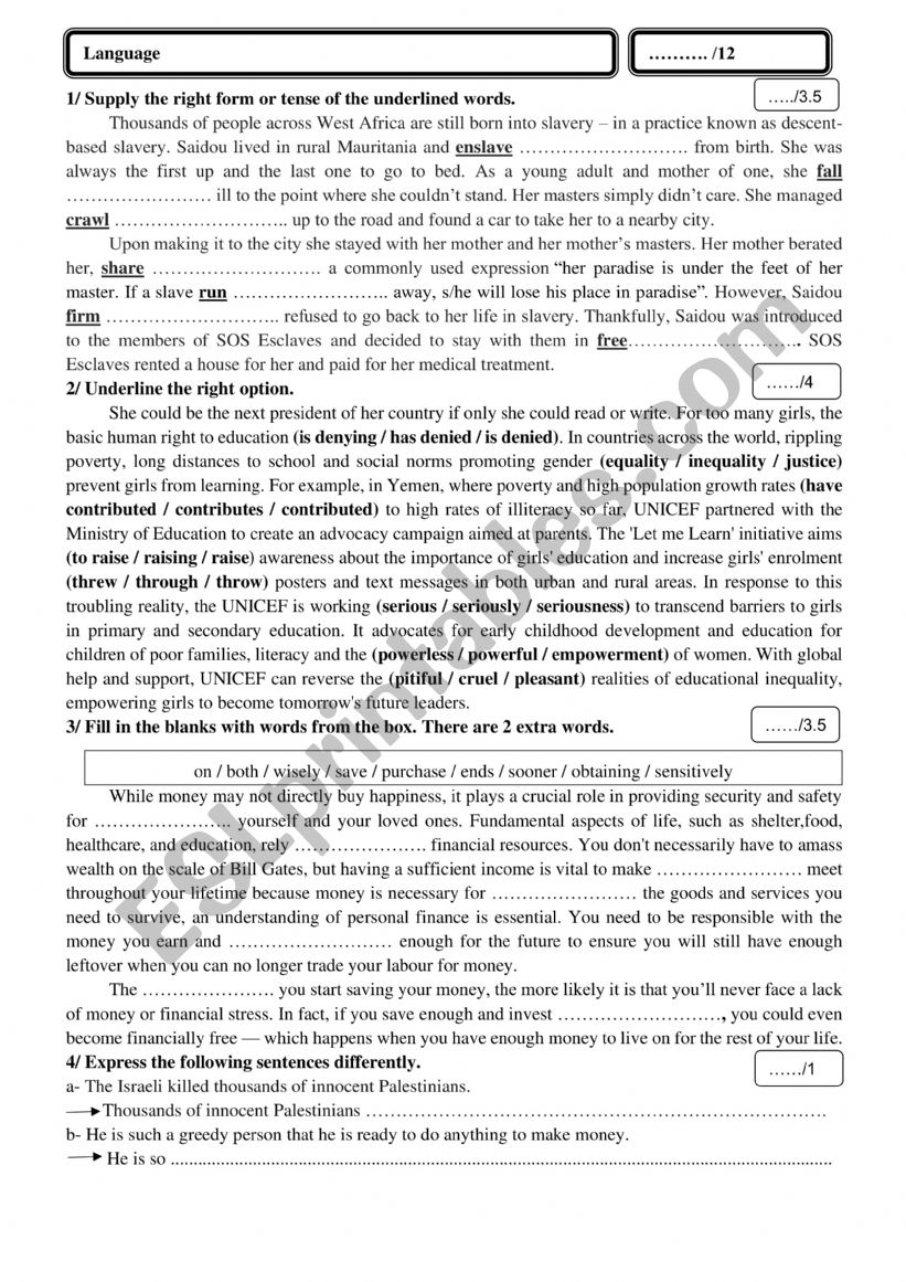 language mid-term test two worksheet