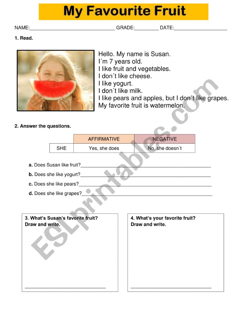 My favorite fruit reading worksheet