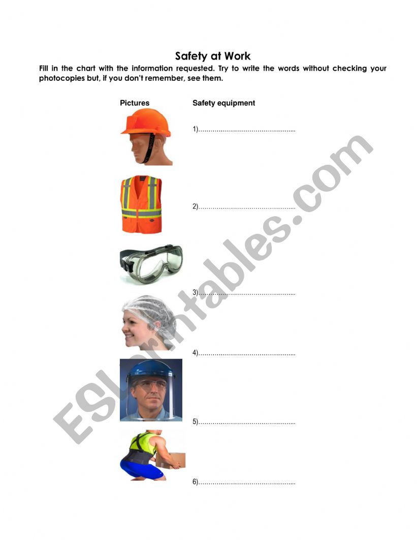 Safety at Work Equipment   worksheet