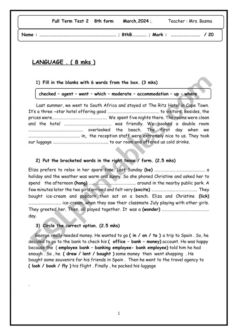 full term test 2 8th form  worksheet